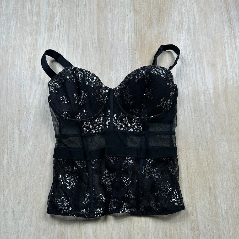 Victoria's Secret Black Silver Metallic Lace Sheer Mesh Corset Bustier Bra 36D